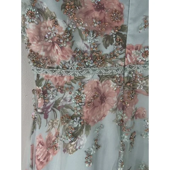 MAC DUGGAL Floral Flutter Sleeve V Neck Maxi Dress Size 8 #70125 Blue Green Pink - Picture 8 of 8